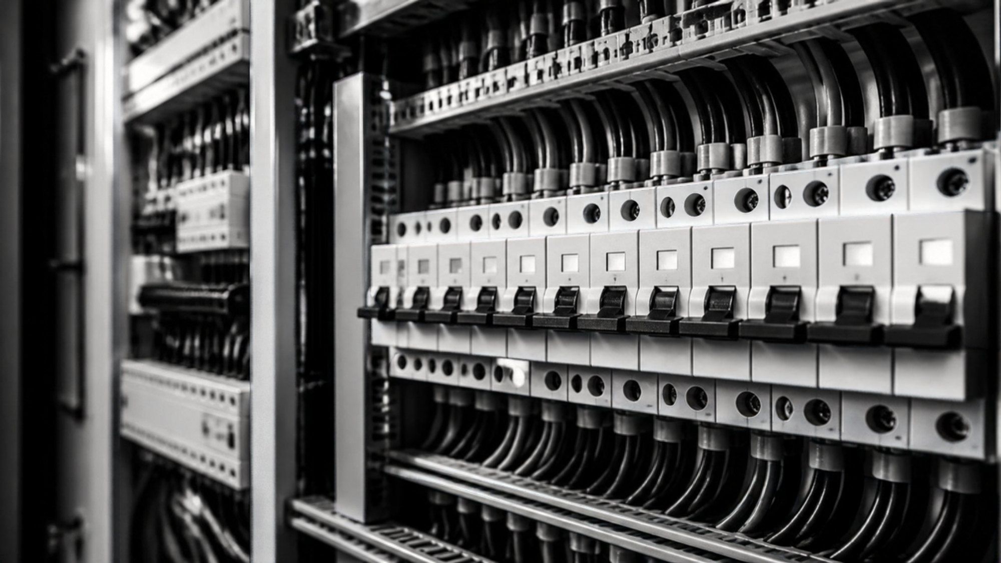 Black and white photo of an electrical distribution panel with breakers (illustrative image)