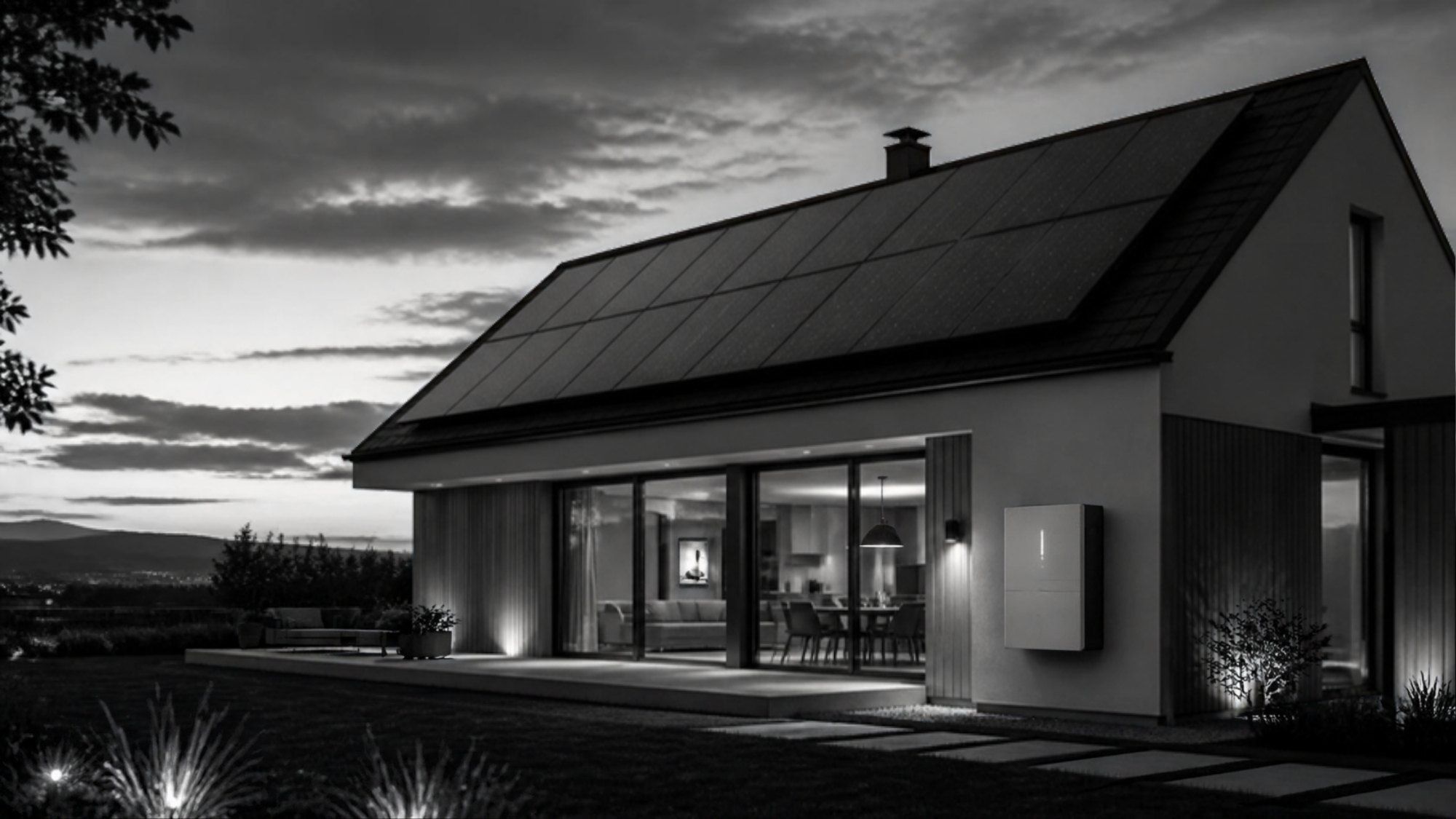 Black and white photo of a house with rooftop solar panels at dusk (illustrative image)