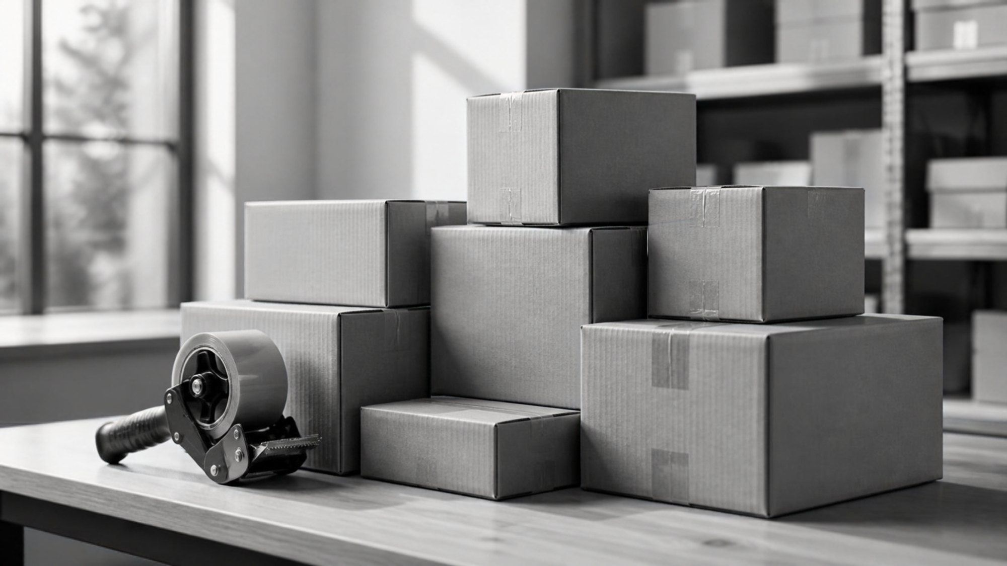 Black and white photo of stacked parcels and a tape gun on a packing table (illustrative image)