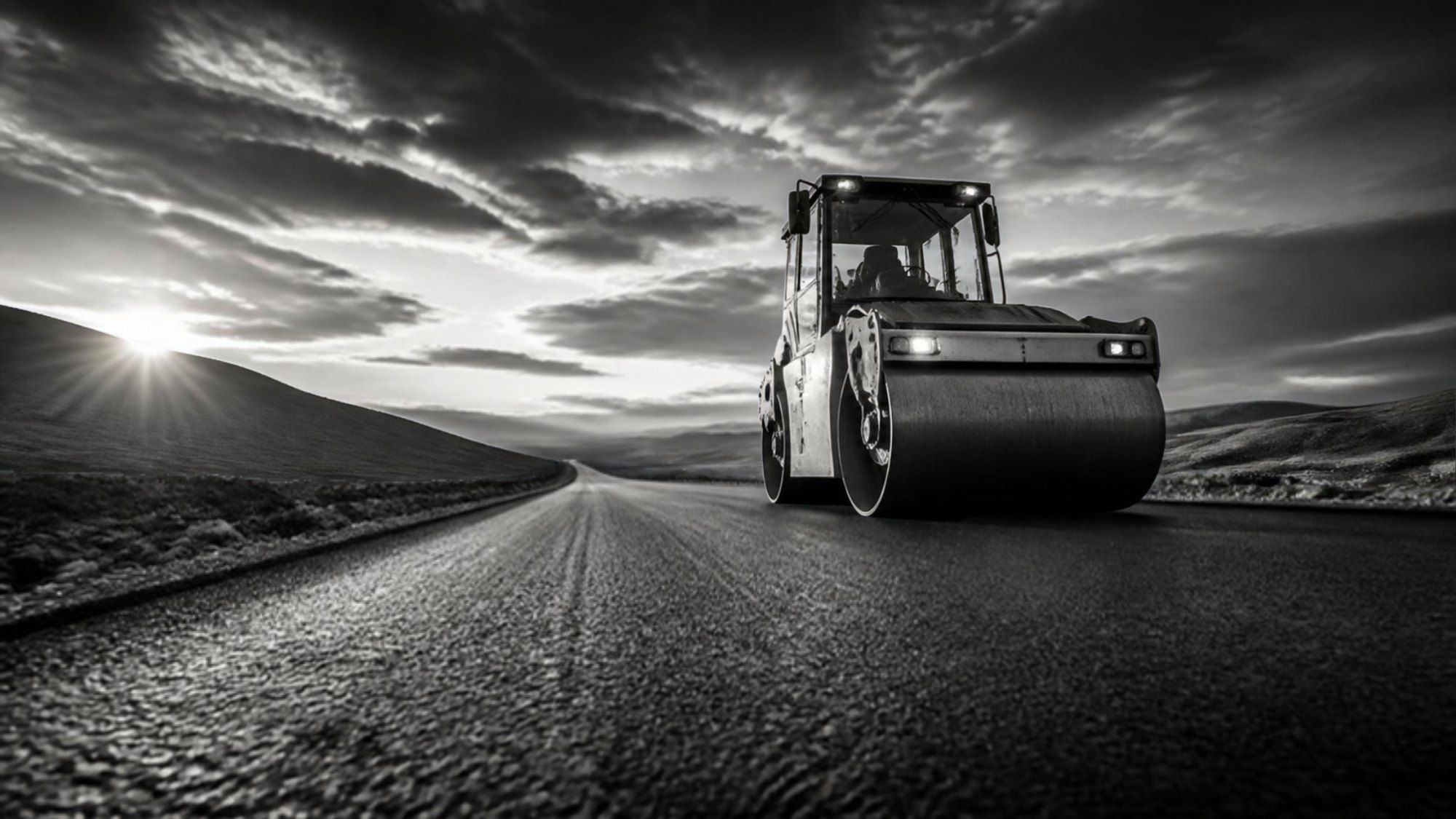 Black and white photo of a road roller on fresh asphalt at dusk (illustrative image)